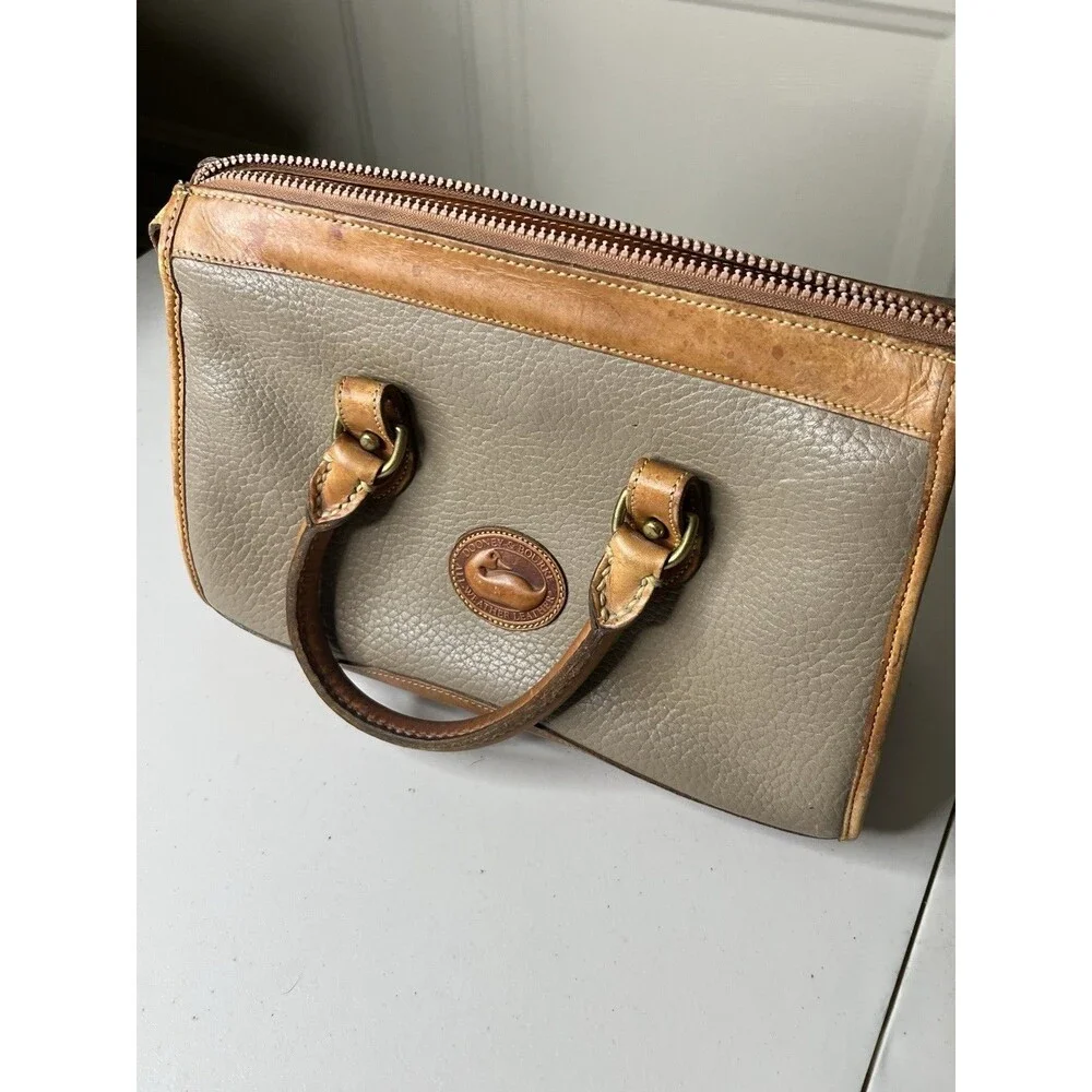 Vintage Dooney & Bourke All-Weather Leather Pebbled Satchel in Taupe and Brown